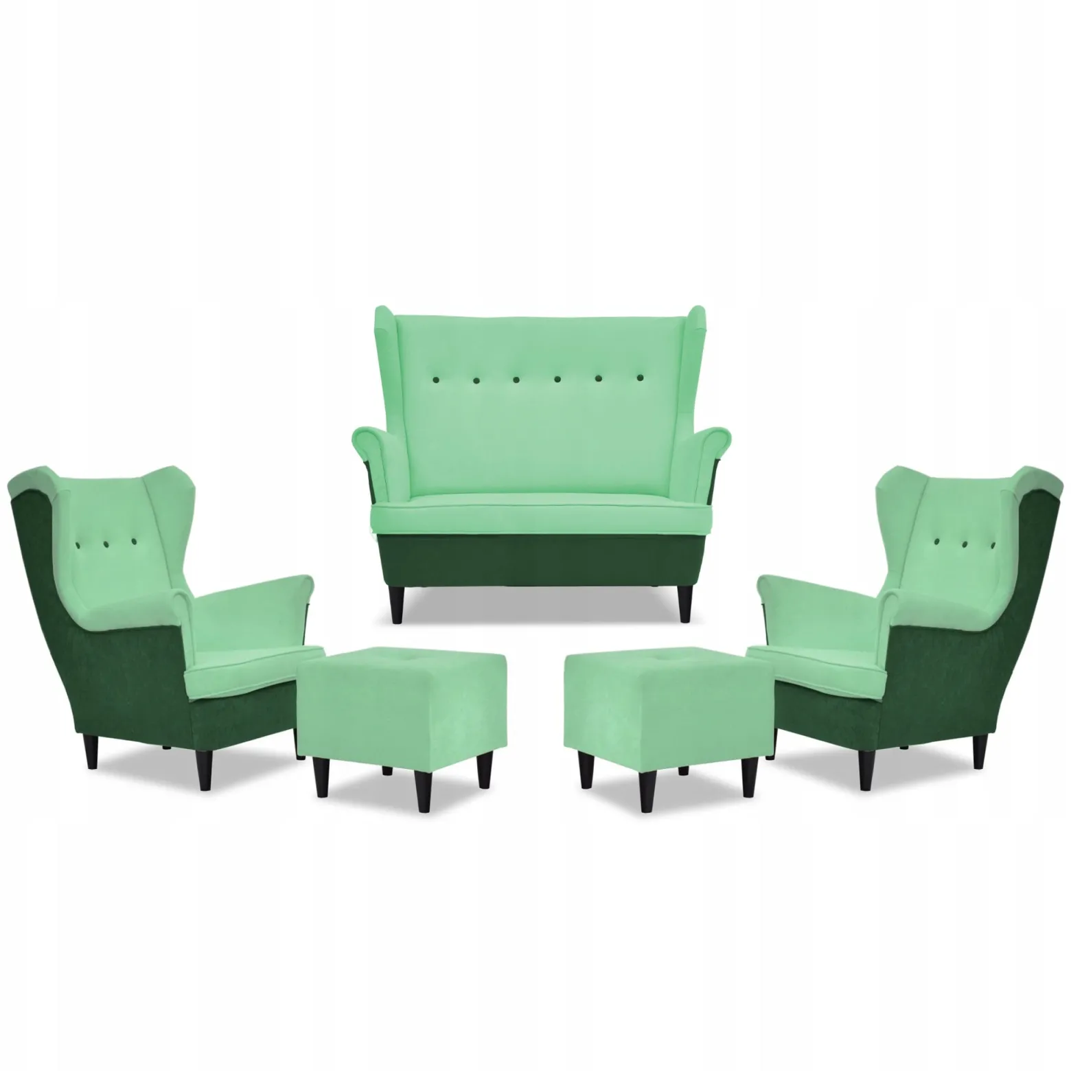Zestaw wypoczynkowy ARI DUO sofa fotele pufy Family Meble zielono - miętowy