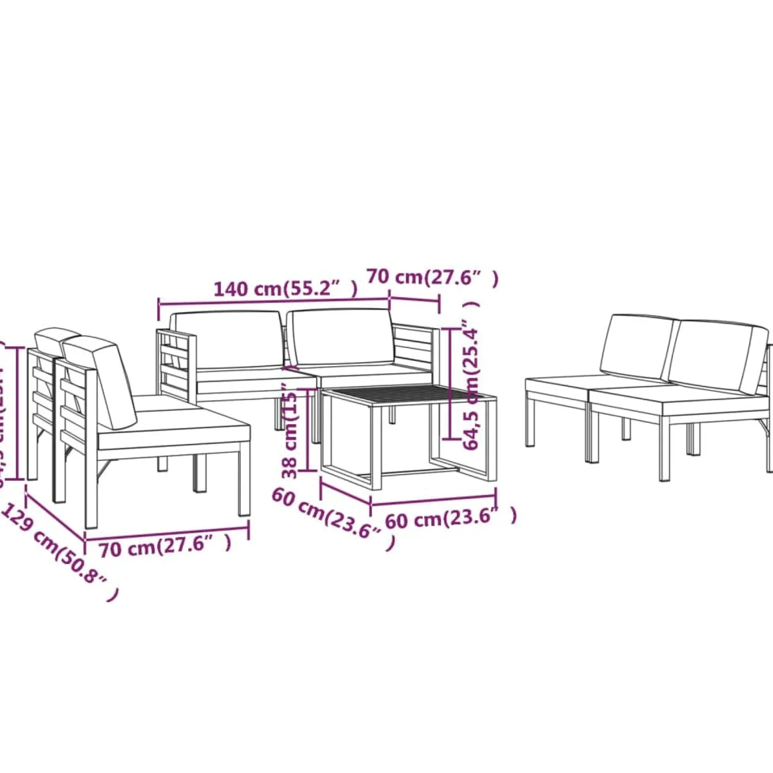 Zestaw wypoczynkowy do ogrodu Antracyt Aluminium 4x sofa środkowa + 2x