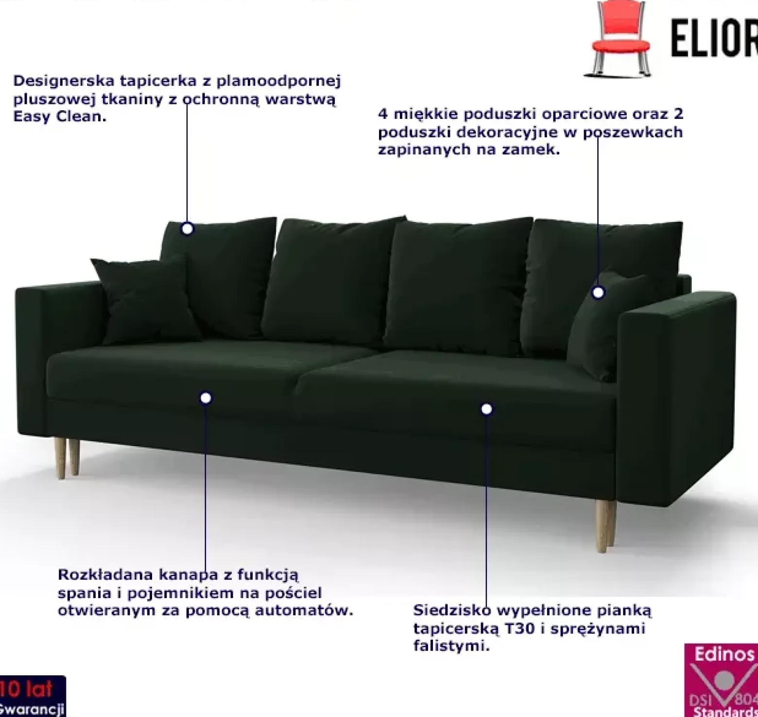 Zielona rozkładana sofa na nóżkach - Maren